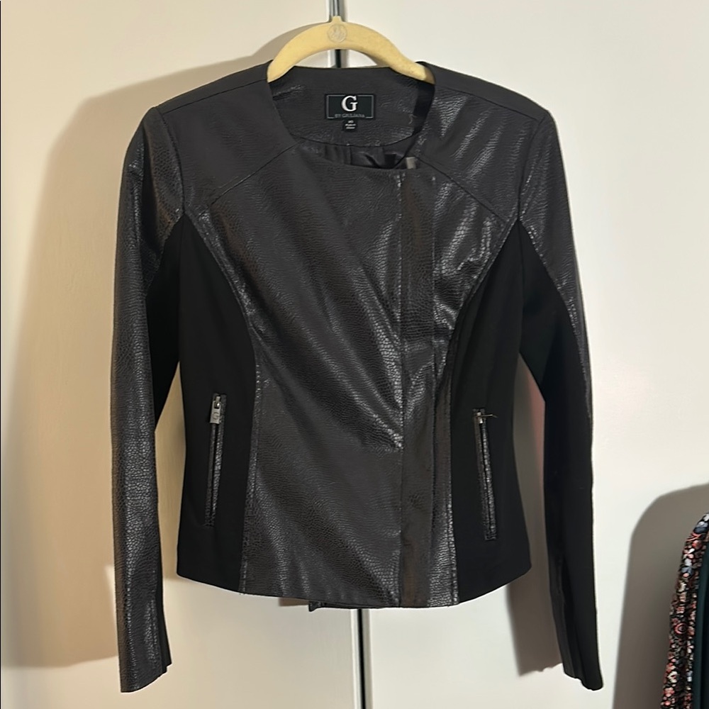 G by Giuliana Black Leather Moto Jacket Asymmetrical Design